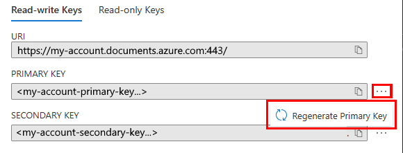 Screenshot that shows the Azure portal showing how to regenerate the primary key.