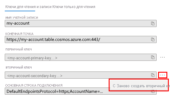 Screenshot showing how to regenerate the secondary key in the Azure portal when used with the Table API.