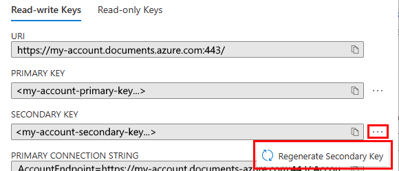 Screenshot showing how to regenerate the secondary key in the Azure portal when used with the NoSQL API.
