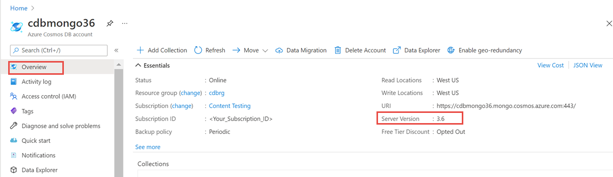 Проверьте текущую версию учетной записи MongoDB на портале Microsoft Azure.
