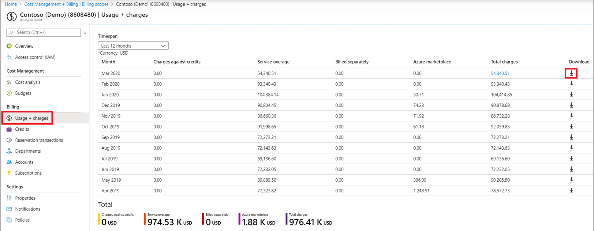 Screenshot shows Cost Management + Billing Invoices page for E A customers.