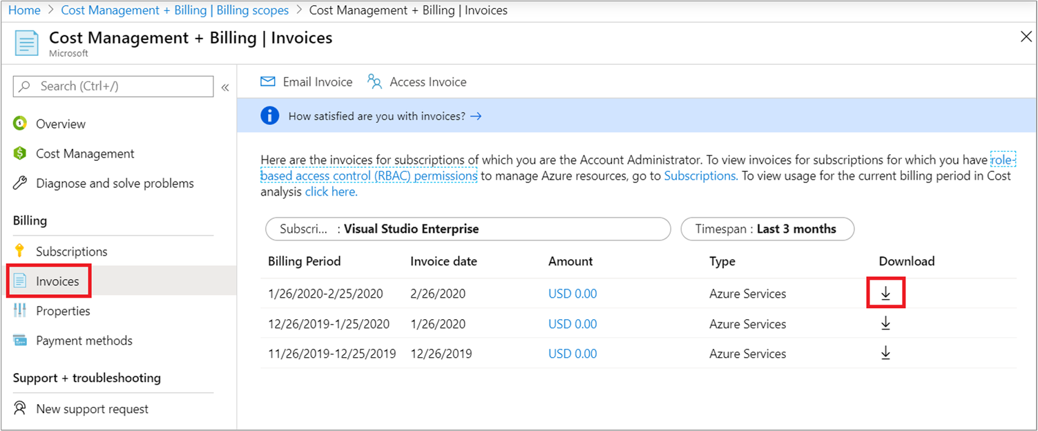 Screenshot shows Cost Management + Billing Invoices page with download option.