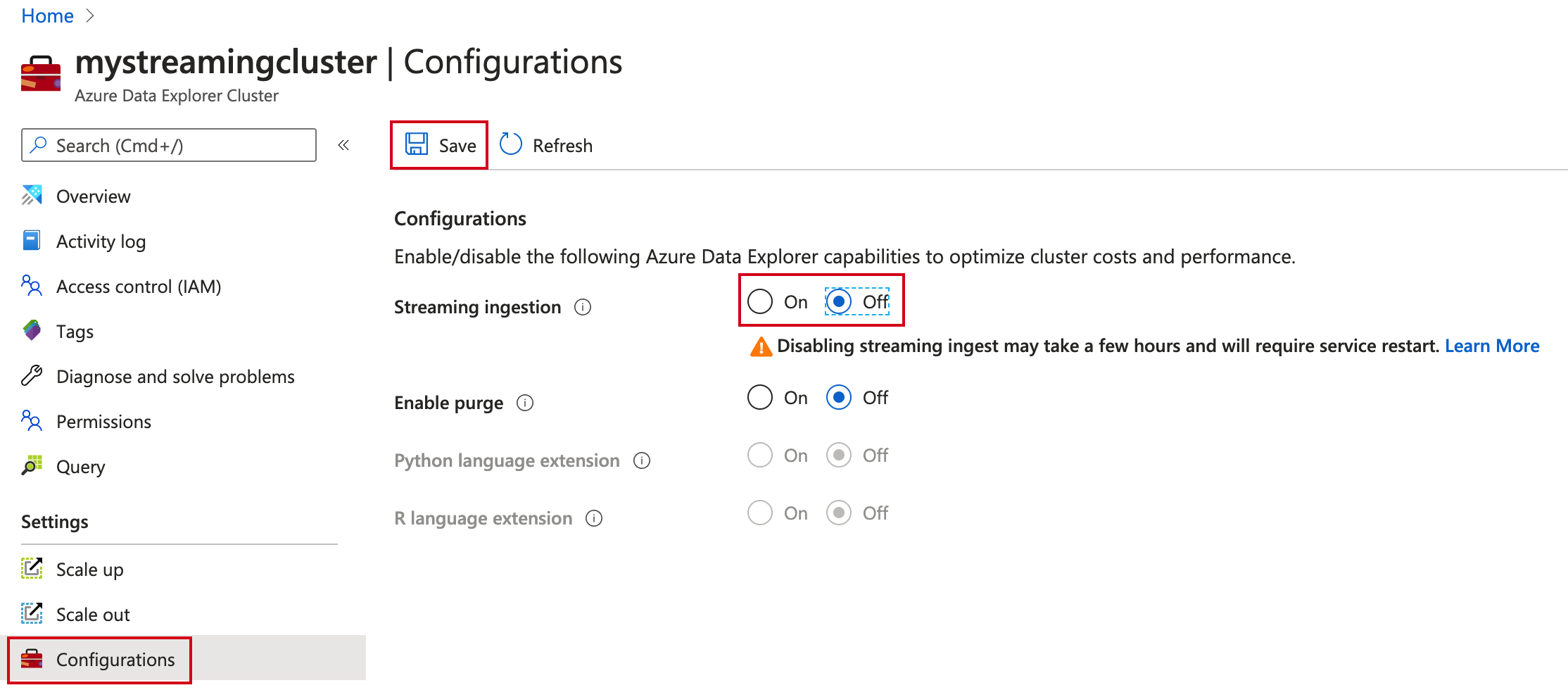 Отключите прием потоковой передачи в Azure Data Explorer.