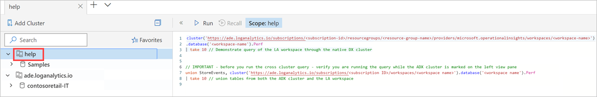 Снимок экрана: отправка запросов между рабочими областями из пользовательского веб-интерфейса Azure Data Explorer.