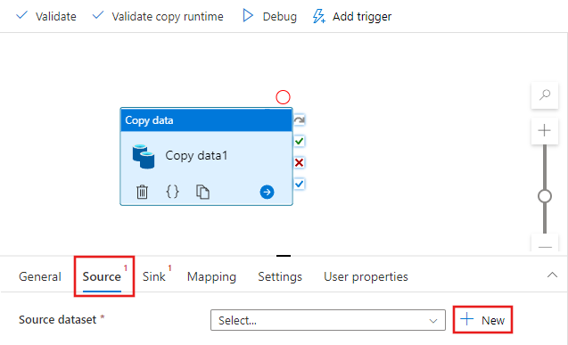 Screenshot that shows how to create a source dataset for teh copy activity.
