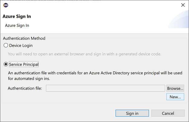 The Azure Sign In window with service principal selected