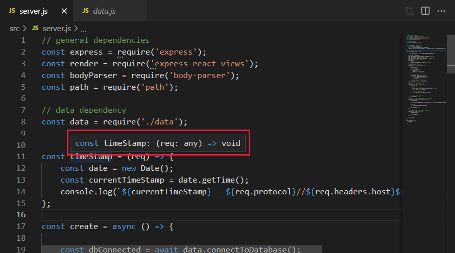 Просмотр типа в Visual Studio Code наведением указателя мыши