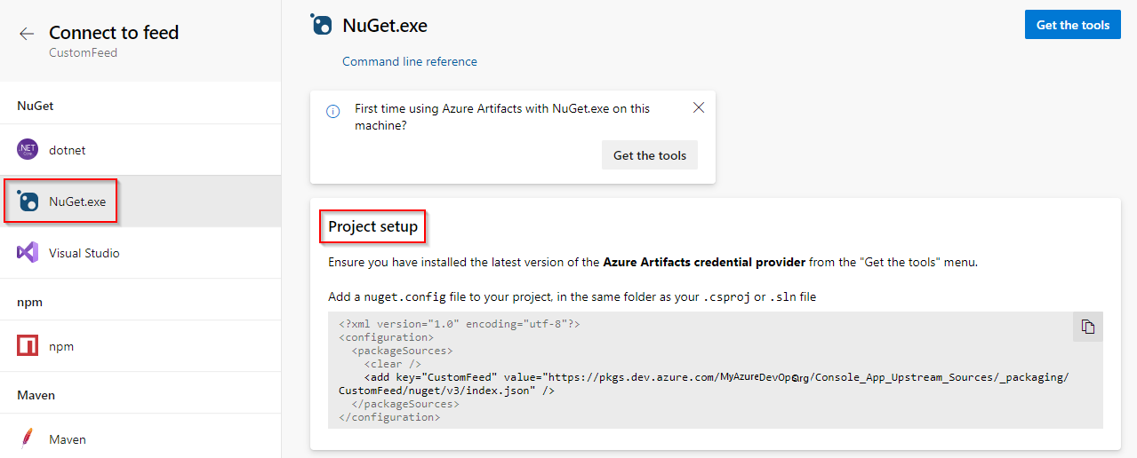 Снимок экрана: подключение к веб-каналам NuGet.