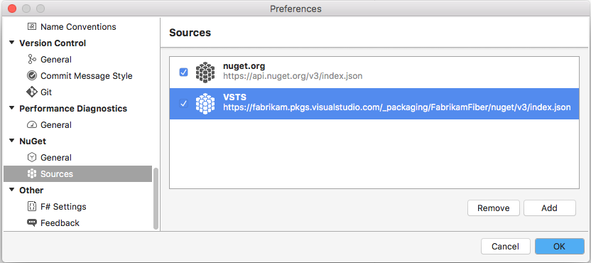 Снимок экрана: добавление нового источника пакета в Visual Studio — macOS.