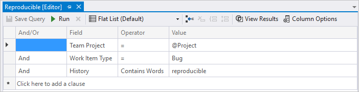 Снимок экрана: Редактор запросов для поиска элементов на основе слов, содержащихся в поле журнала в Team Explorer.