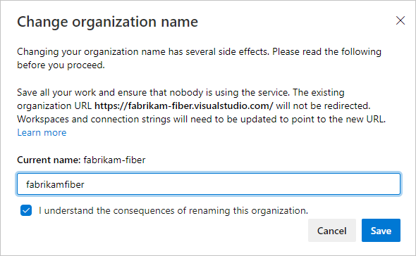 Screenshot showing confirmation screen for organization rename.