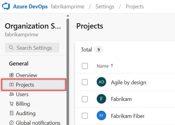 Choose Organization settings and then select Projects to list all projects.