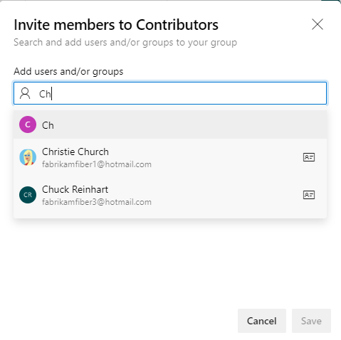Add users and group dialog.