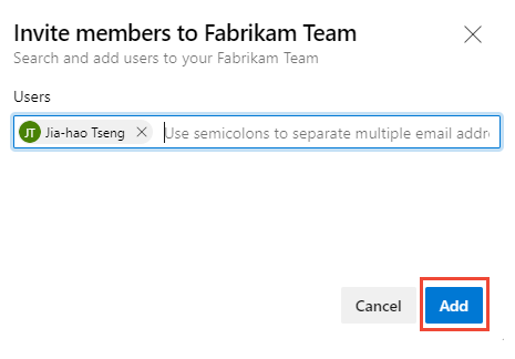 Invite members to a team dialog, Add button.