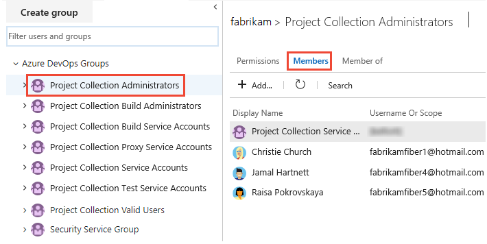 Screenshot shows Security, Project Collection Administrators group, Members tab.