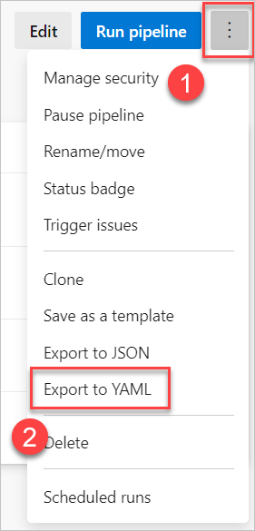 Снимок экрана: контекстное меню для экспорта конвейера в YAML.