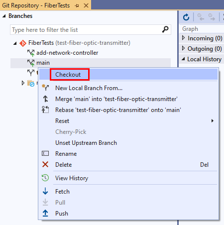 Screenshot of the Checkout option in the branch context menu in the Git Repository window in Visual Studio 2019.