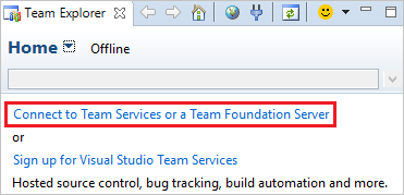 Выберите Подключение в Team Foundation Server для подключения организации TFS или Azure DevOps