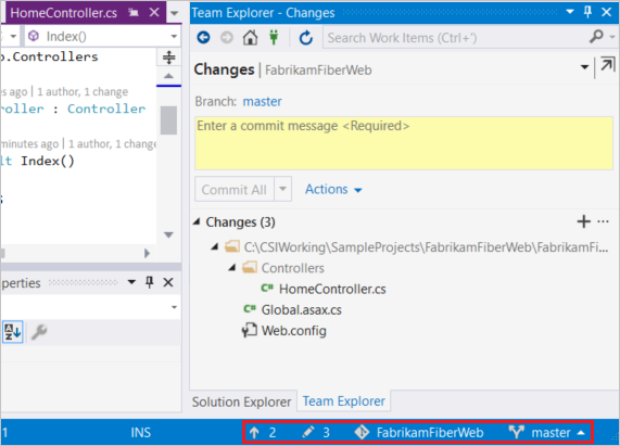 Строка состояния Visual Studio Git
