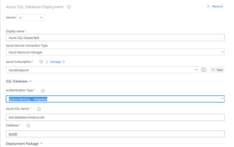 Снимок экрана: диалоговое окно Azure SQL развертывание базы данных с выделенным параметром раскрывающегося списка 