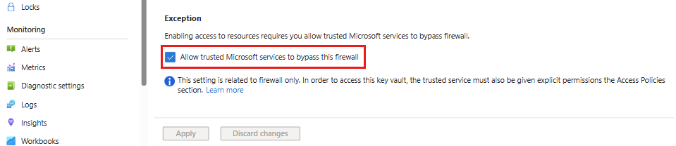 Снимок экрана: предоставление доверенным службам доступа к хранилищу ключей.