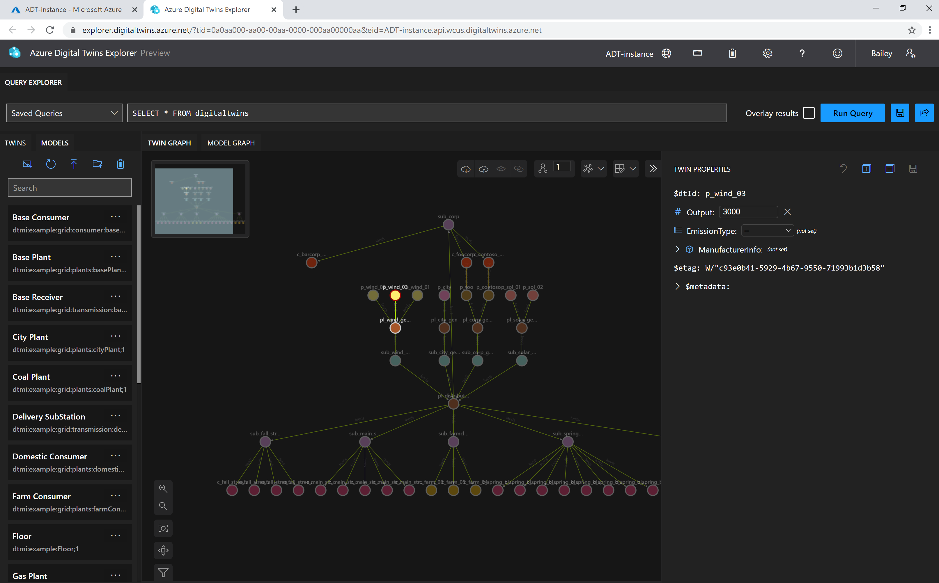 Screenshot of Azure Digital Twins Explorer, showing a graph of nodes representing digital twins.