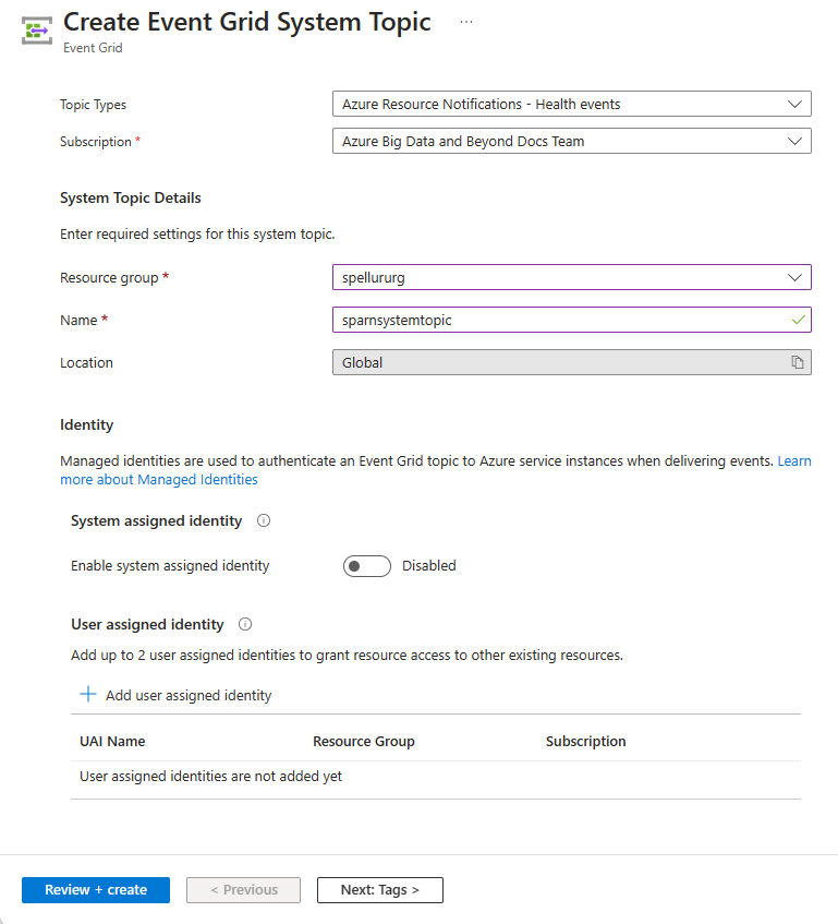 Screenshot that shows the full Create topic page with details in the Azure portal.