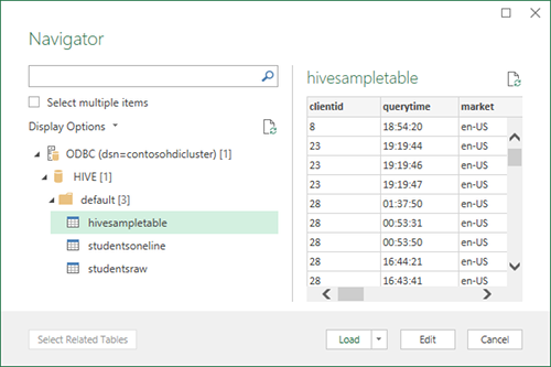 Навигатор по ODBC для Hive в HDInsight Excel