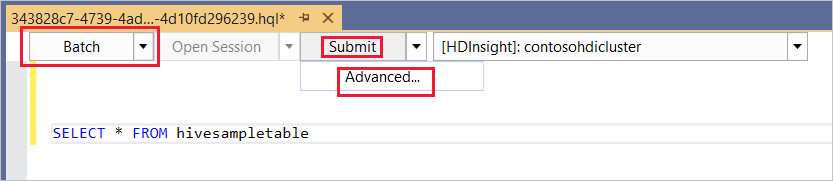 Batch mode, Hive ad-hoc query, HDInsight cluster, Visual Studio
