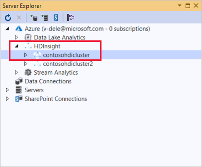 HDInsight cluster list, Server Explorer, Visual Studio