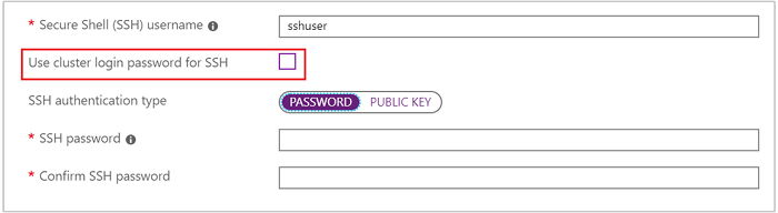 SSH password dialog in HDInsight cluster creation