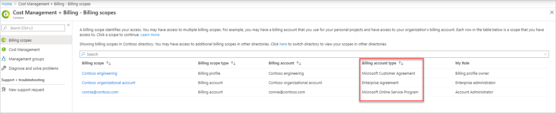 Screenshot that shows microsoft customer agreement in billing account list page