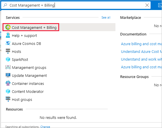 Screenshot that shows an Azure portal search for Cost Management + Billing.