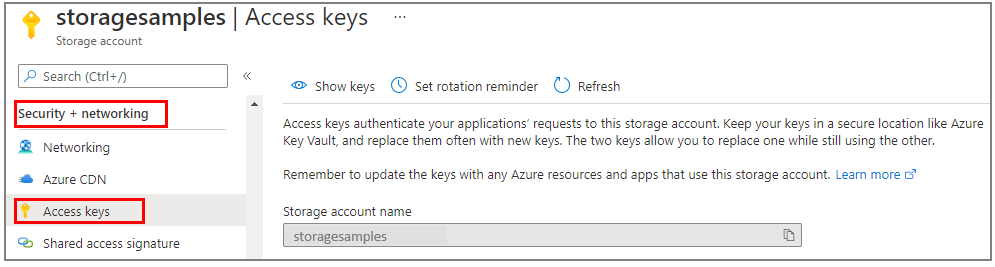 Снимок экрана: местоположение параметров ключа доступа в портал Azure