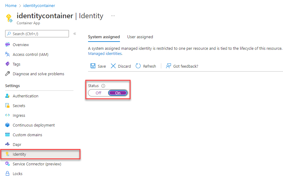Screenshot showing how to enable managed identity for Azure Container Apps.