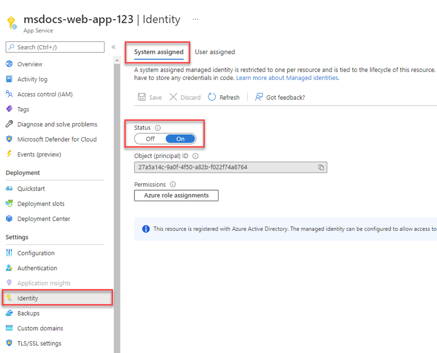 Screenshot showing how to create a system assigned managed identity.