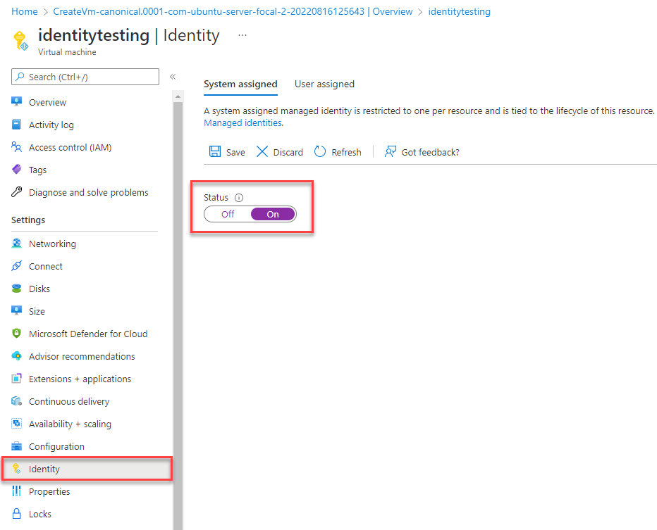 Screenshot showing how to enable managed identity for virtual machines.