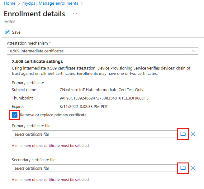 Снимок экрана: замена промежуточного сертификата для группы регистрации.
