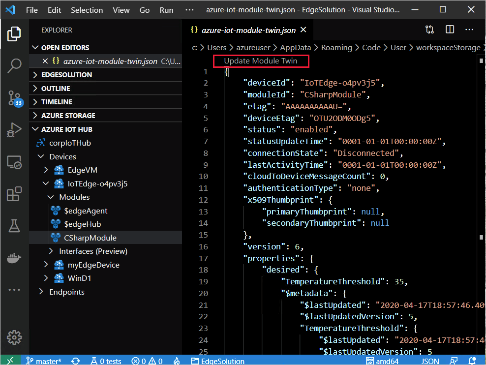 Снимок экрана: обновление двойника модуля в Visual Studio Code.