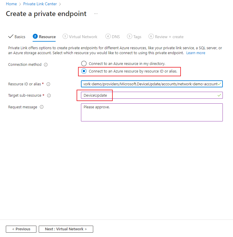 Screenshot showing the Resource page of the Create a private endpoint tab in Private Link Center.