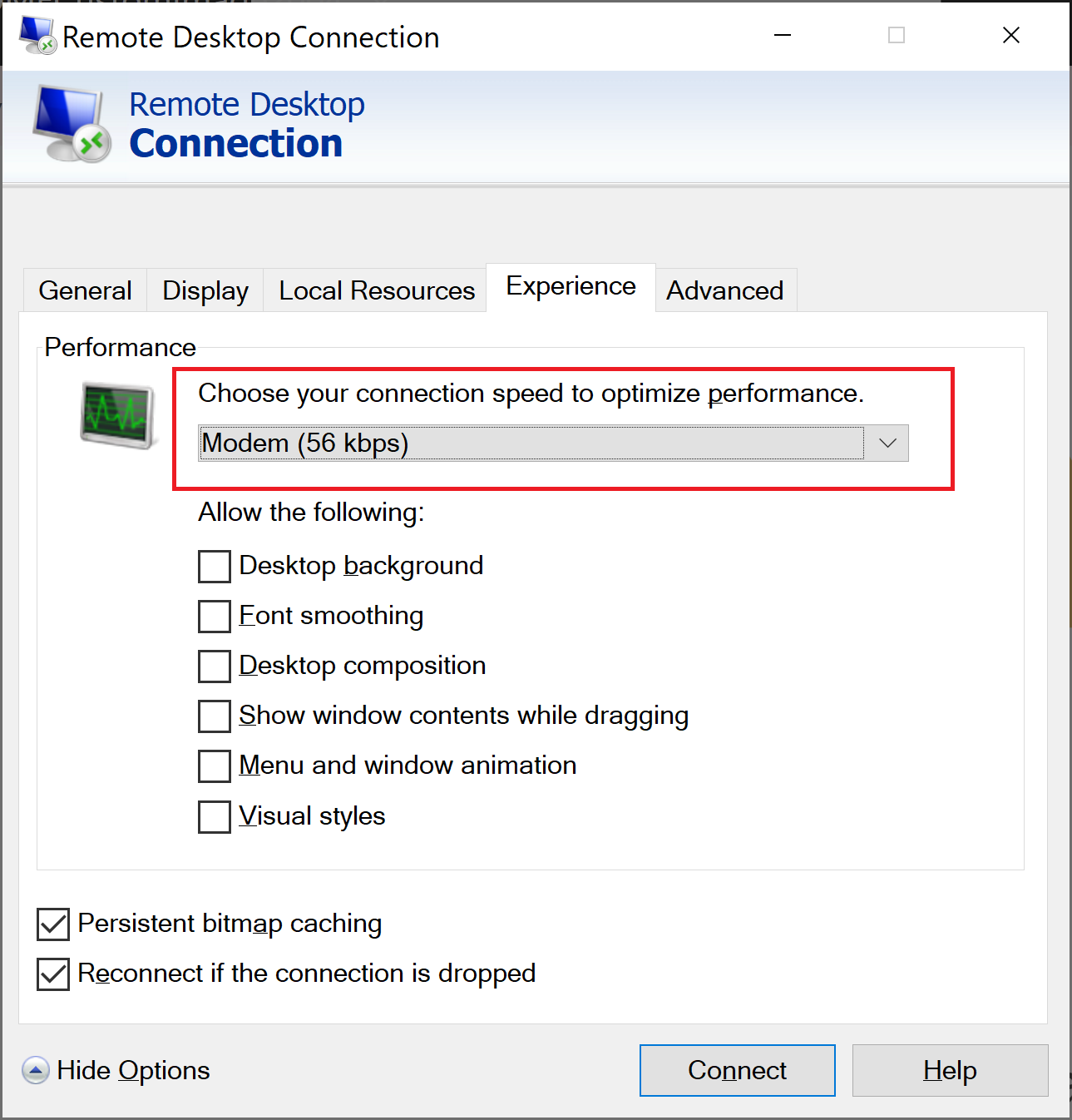 Change RDP Experience Settings
