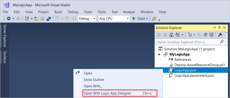 Открытие приложения логики в решении Visual Studio