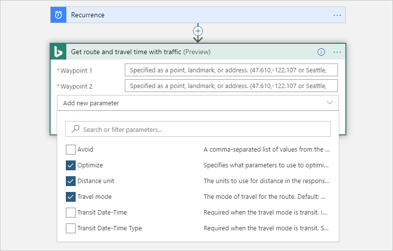 Снимок экрана, на котором выбраны свойства Get route (Получить маршрут), Optimize (Оптимизация), Distance unit (Единица расстояния) и Travel mode (Режим движения).