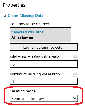 Установите режим Remove entire row (Удалить всю строку) для модуля Clean Missing Data (Очистка недостающих данных)