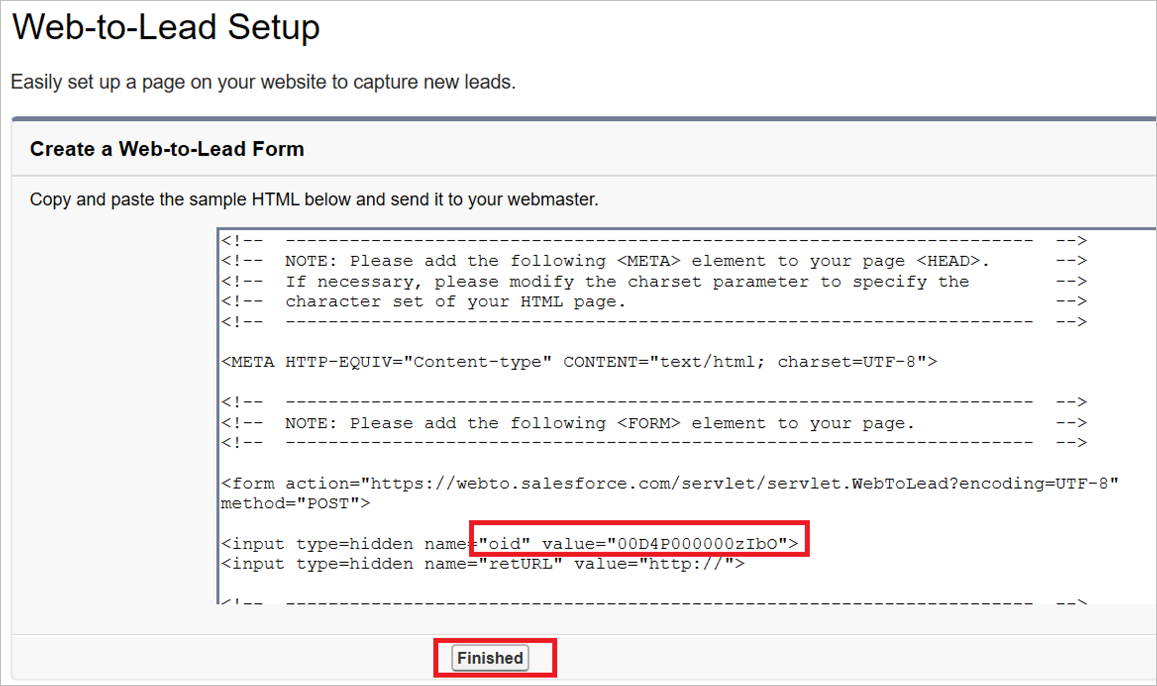 Salesforce Create a Web-to-Lead Form showing HTML oid value.