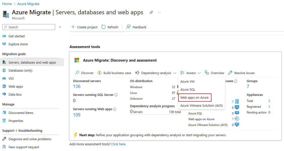 Screenshot of dropdown to choose assessment type as Web apps on Azure.