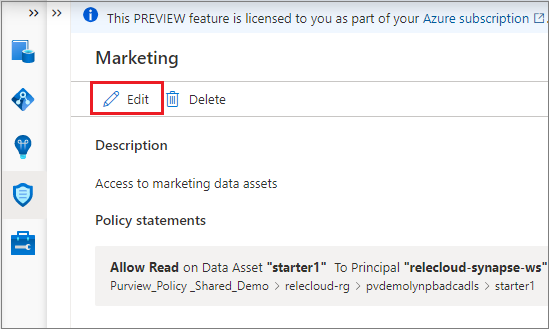 Снимок экрана: владелец данных может изменять или удалять инструкции политики.