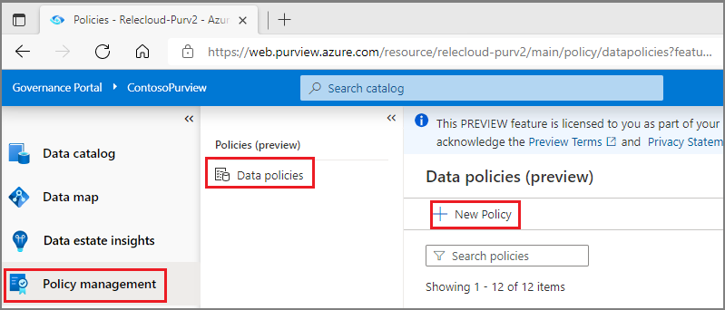 Снимок экрана: владелец данных может получить доступ к функциям политики в Microsoft Purview при создании политик.