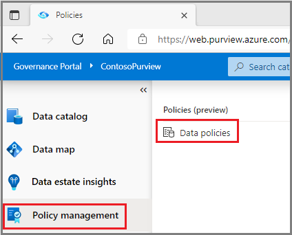 Снимок экрана: владелец данных может получить доступ к функциям политики в Microsoft Purview, когда он хочет обновить политику, выбрав Политики данных.