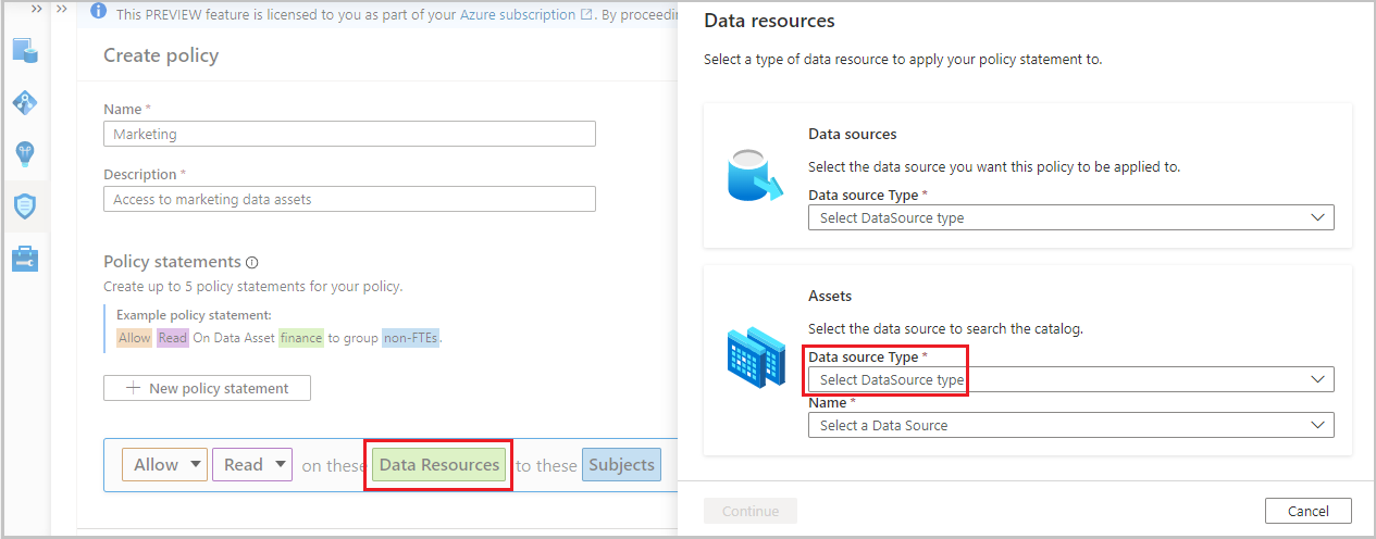 Снимок экрана: владелец данных может выбрать ресурс данных при редактировании инструкции политики.